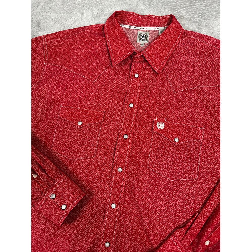 Cinch Men XXL Red Pearl Snap Shirt Western Yoke Long Sleeve Diamond Pattern 2XL